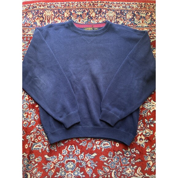 Vintage 90s Eddie Bauer Mens Sweater Cotton Navy Blue Knit Crewneck Large - Picture 1 of 6